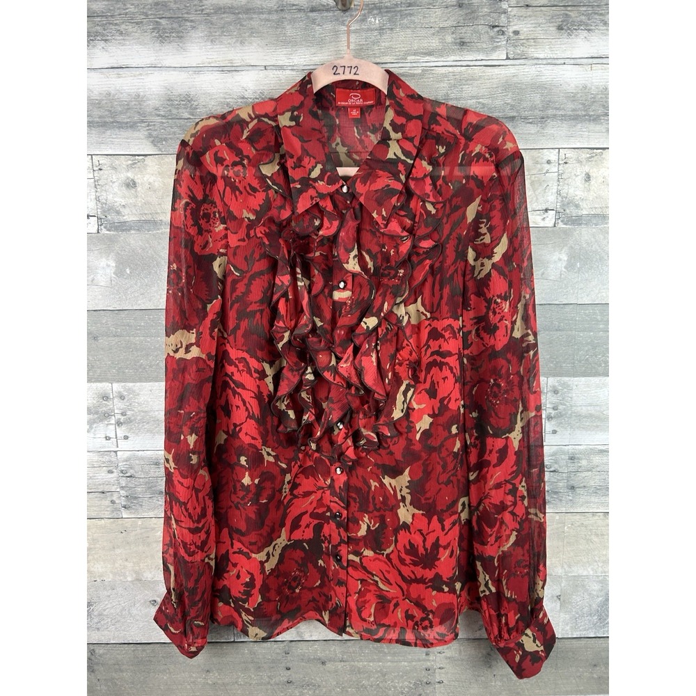Oscar De La Renta Women's Red Floral 100% Silk Long Sleeve Button Up Blouse 16